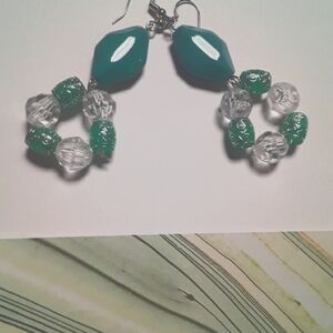 Green Diamond Shape Earrings Dangling Long Unique Handmade Earrings